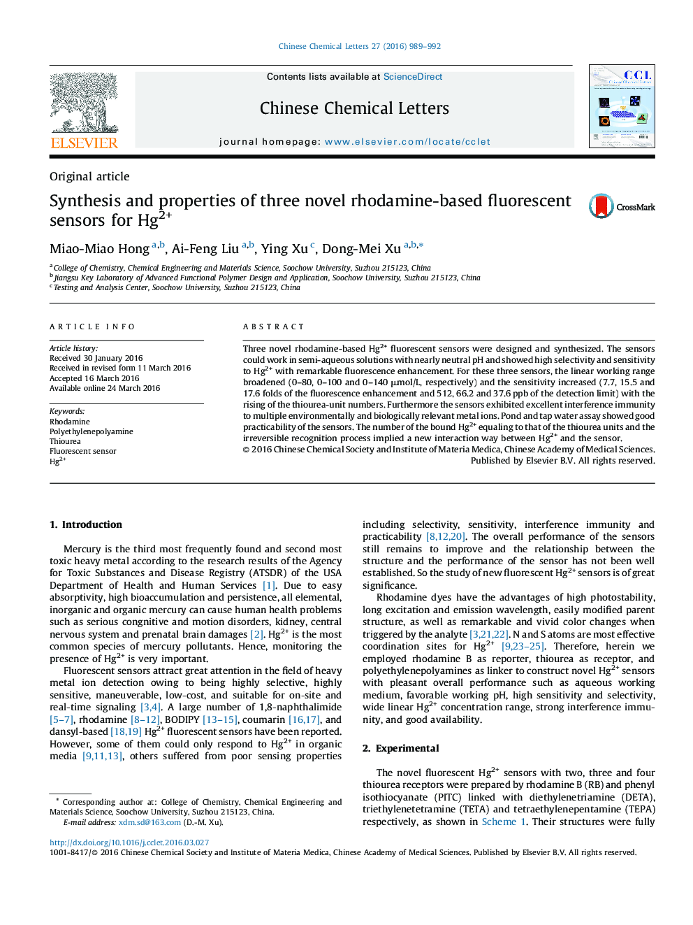 Synthesis and properties of three novel rhodamine-based fluorescent sensors for Hg2+