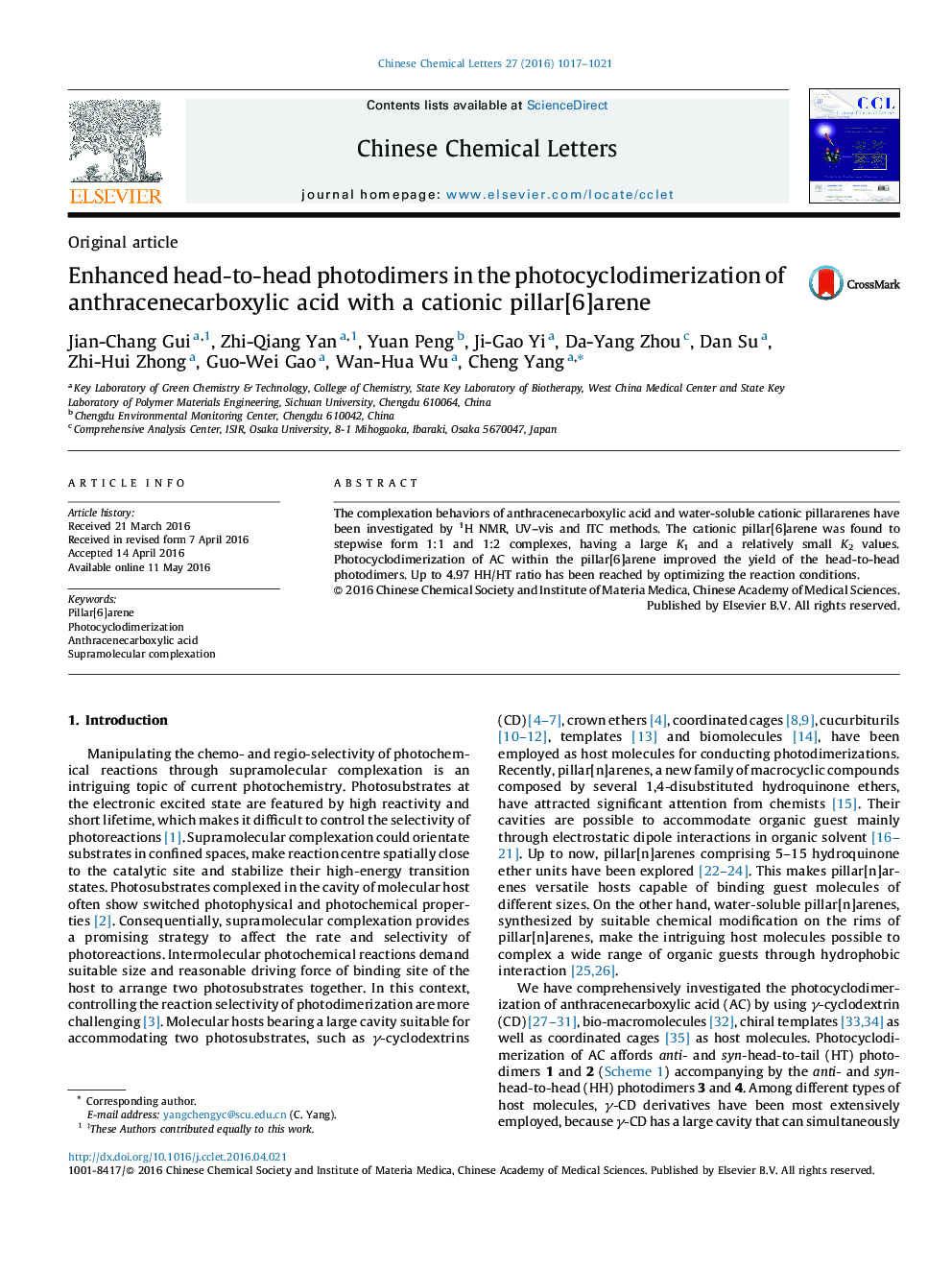 Enhanced head-to-head photodimers in the photocyclodimerization of anthracenecarboxylic acid with a cationic pillar[6]arene