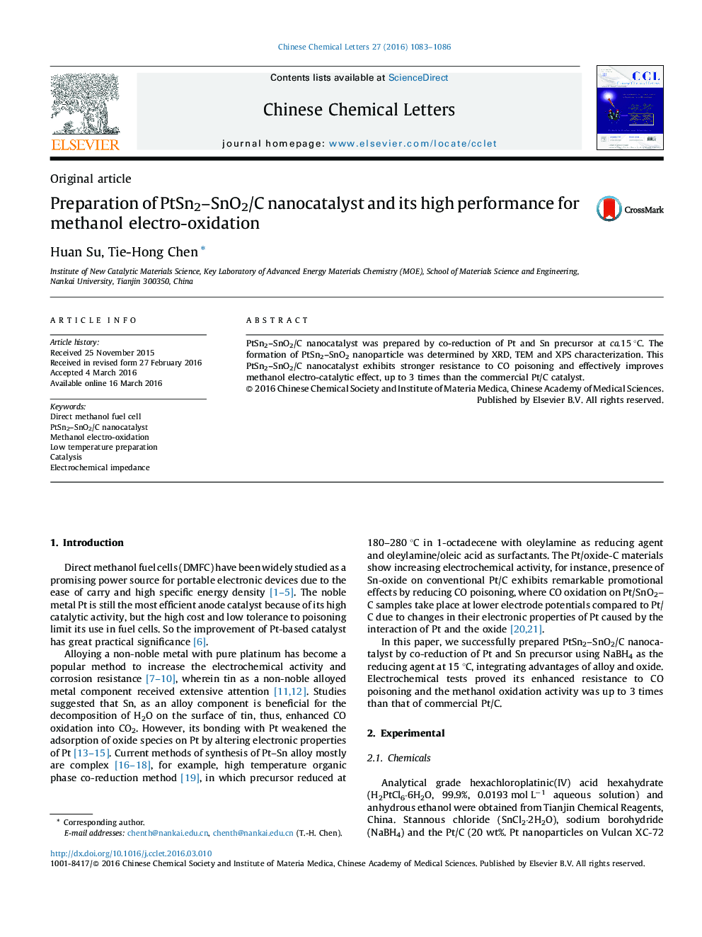 Preparation of PtSn2–SnO2/C nanocatalyst and its high performance for methanol electro-oxidation