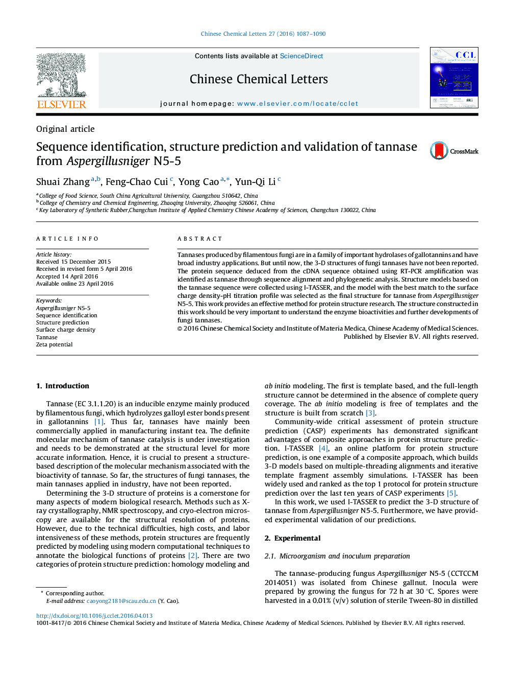 Sequence identification, structure prediction and validation of tannase from Aspergillusniger N5-5