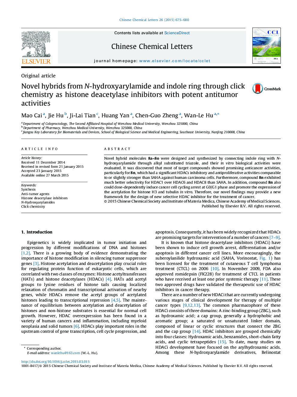 Novel hybrids from N-hydroxyarylamide and indole ring through click chemistry as histone deacetylase inhibitors with potent antitumor activities