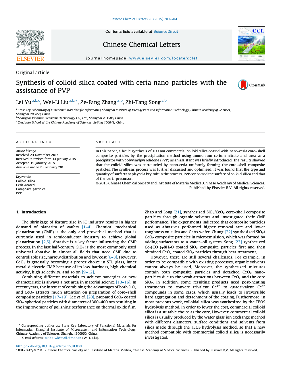Synthesis of colloid silica coated with ceria nano-particles with the assistance of PVP