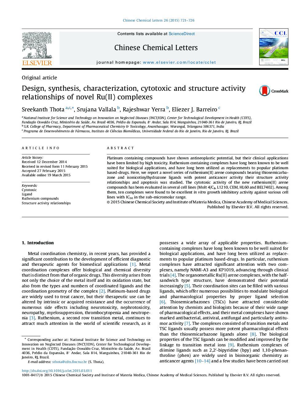 Design, synthesis, characterization, cytotoxic and structure activity relationships of novel Ru(II) complexes