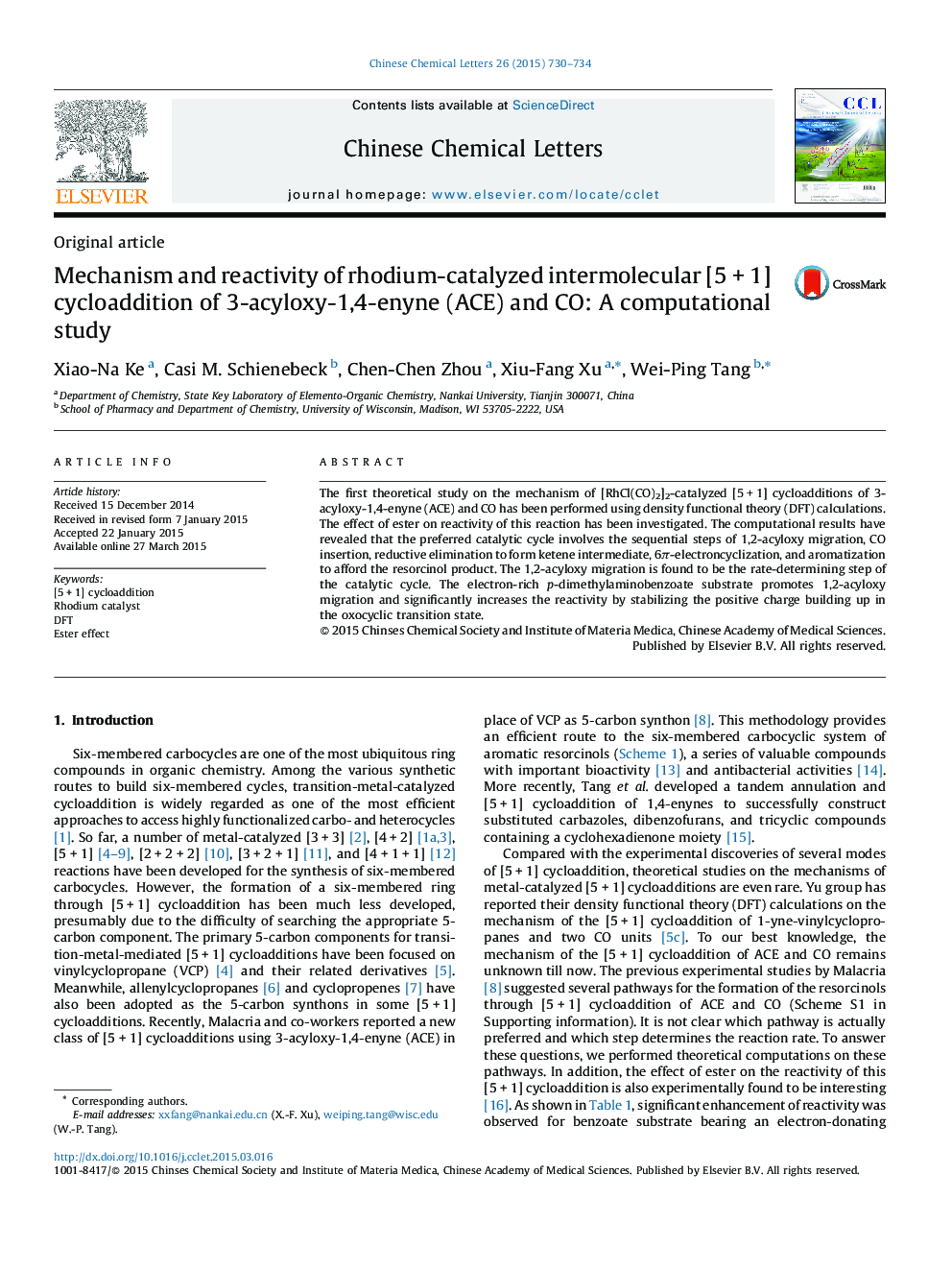 Mechanism and reactivity of rhodium-catalyzed intermolecular [5 + 1] cycloaddition of 3-acyloxy-1,4-enyne (ACE) and CO: A computational study