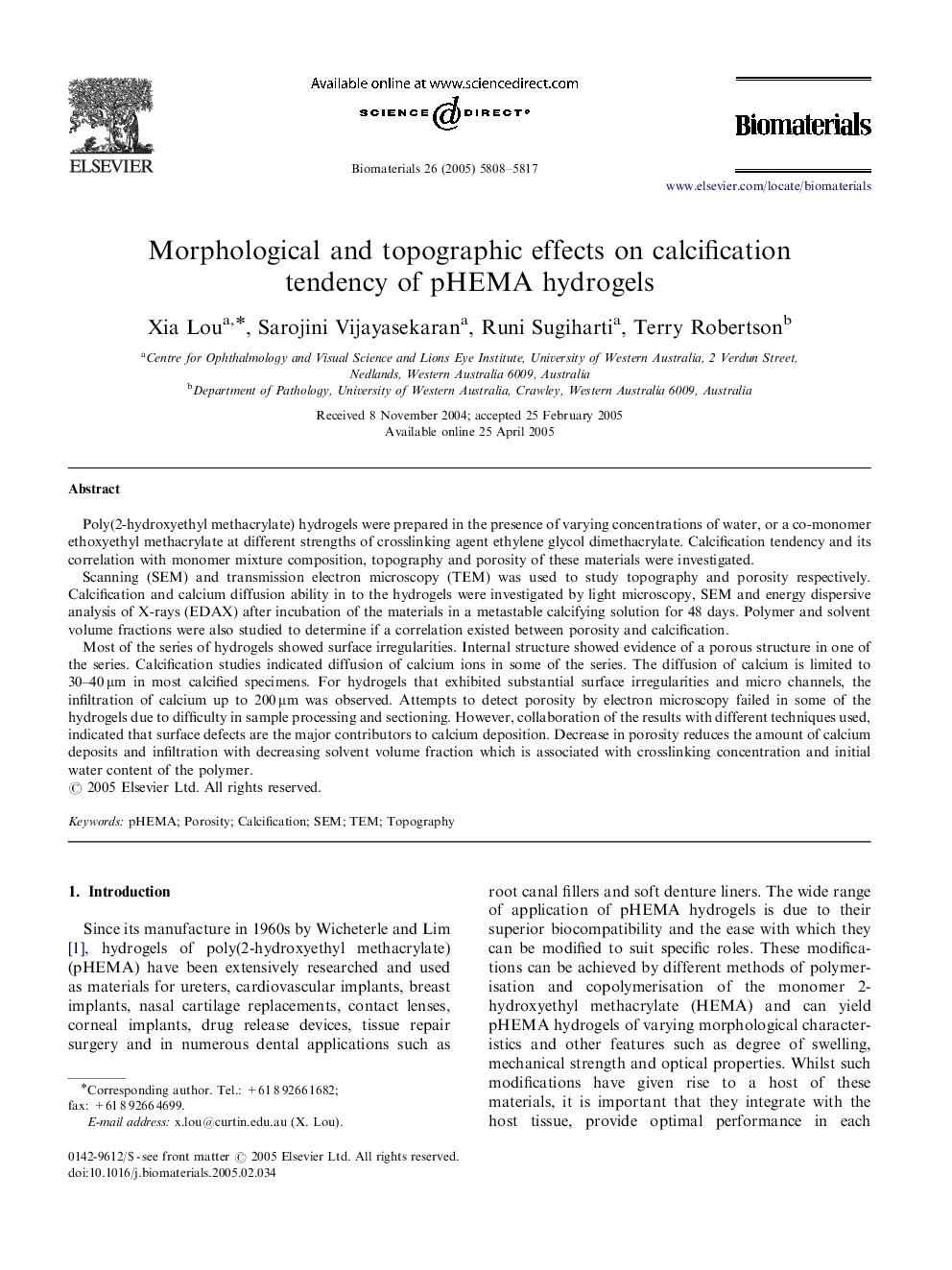 Morphological and topographic effects on calcification tendency of pHEMA hydrogels