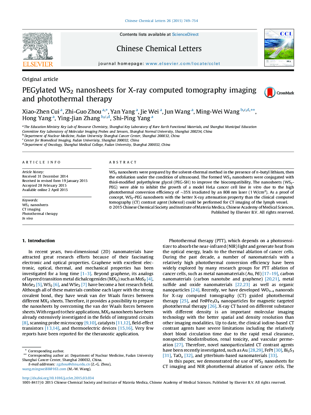 PEGylated WS2 nanosheets for X-ray computed tomography imaging and photothermal therapy