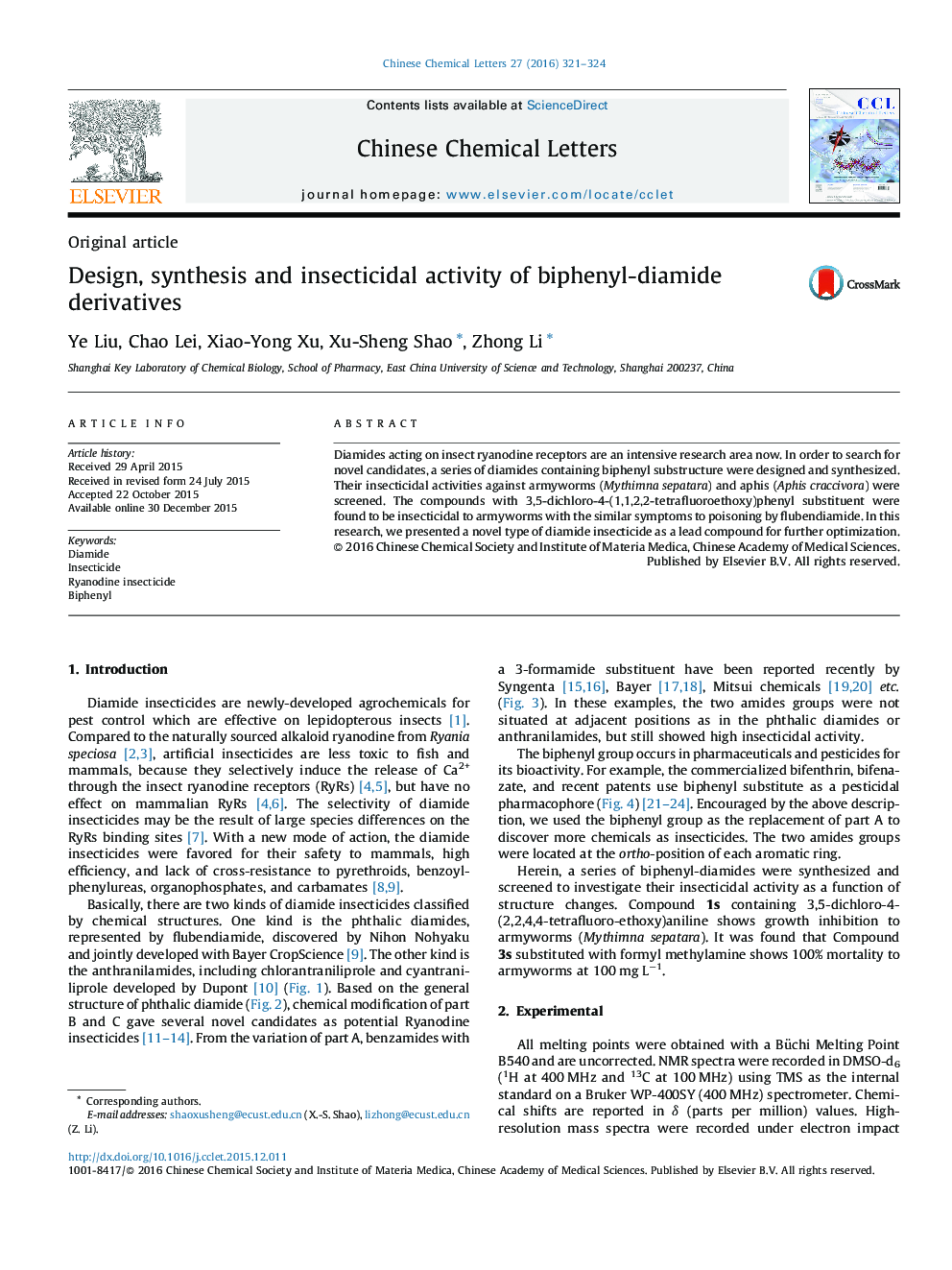 Design, synthesis and insecticidal activity of biphenyl-diamide derivatives