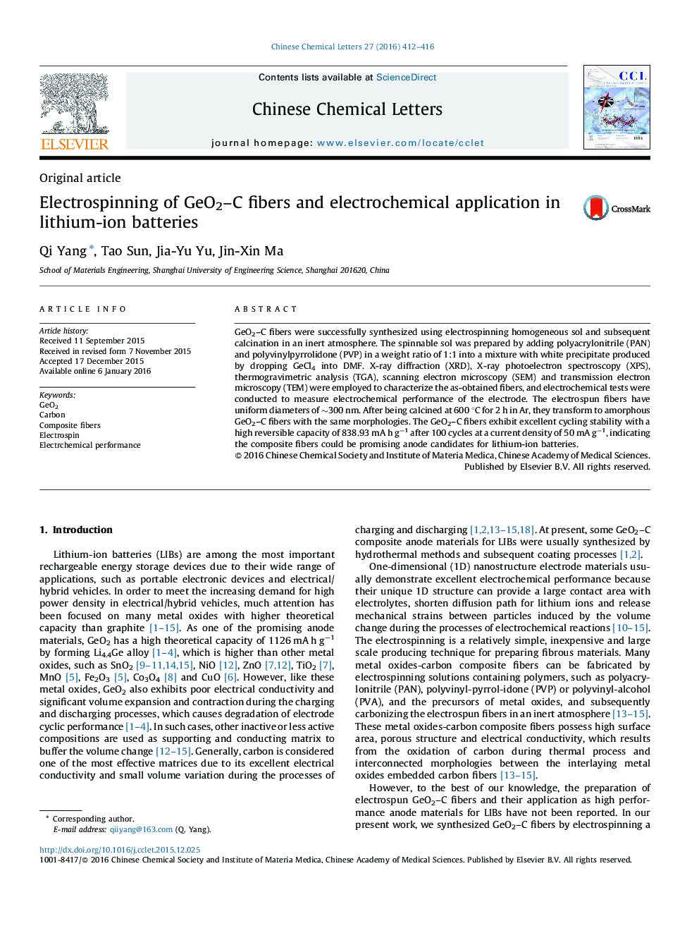 Electrospinning of GeO2–C fibers and electrochemical application in lithium-ion batteries