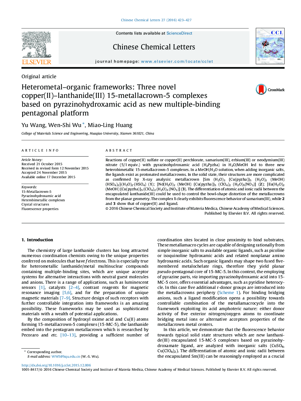 Heterometal–organic frameworks: Three novel copper(II)–lanthanide(III) 15-metallacrown-5 complexes based on pyrazinohydroxamic acid as new multiple-binding pentagonal platform