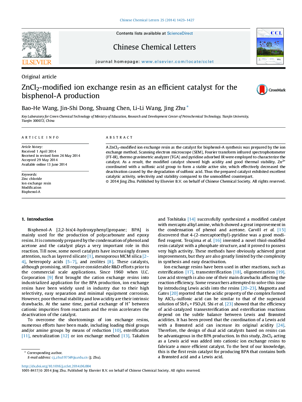 ZnCl2-modified ion exchange resin as an efficient catalyst for the bisphenol-A production