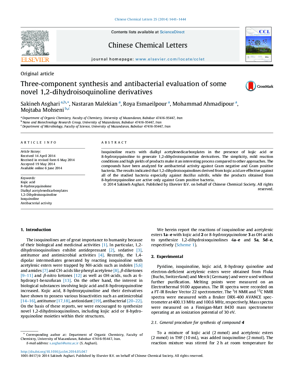 Three-component synthesis and antibacterial evaluation of some novel 1,2-dihydroisoquinoline derivatives