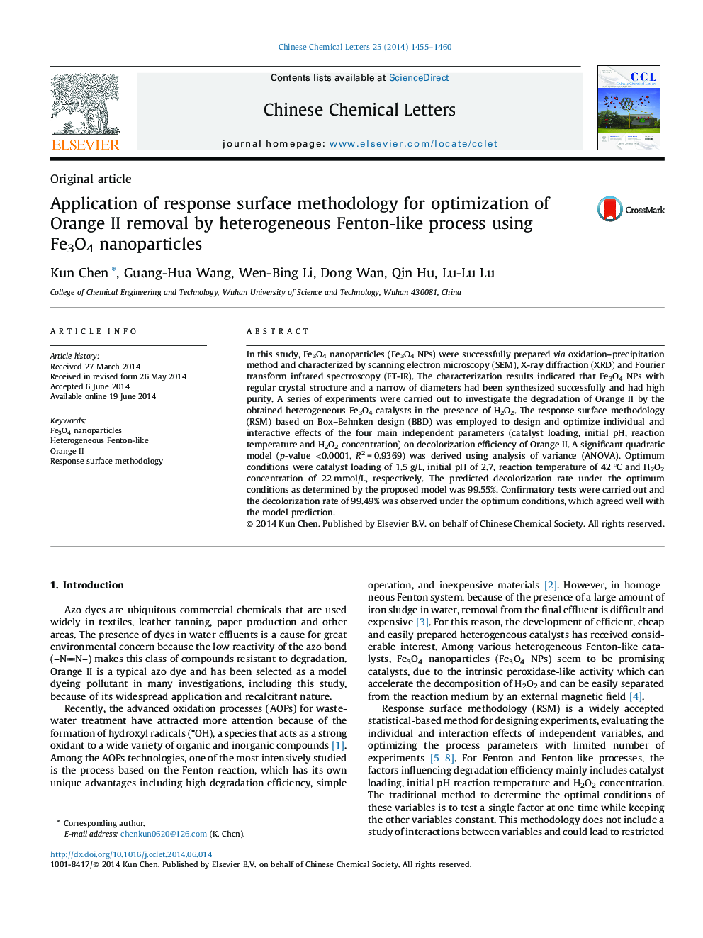 Application of response surface methodology for optimization of Orange II removal by heterogeneous Fenton-like process using Fe3O4 nanoparticles