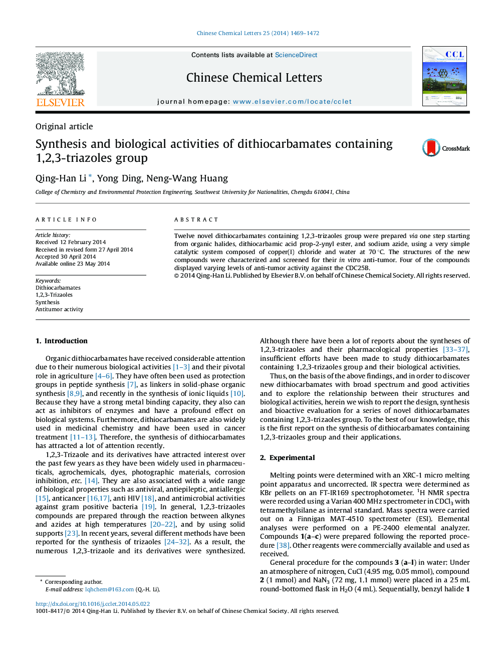 Synthesis and biological activities of dithiocarbamates containing 1,2,3-triazoles group