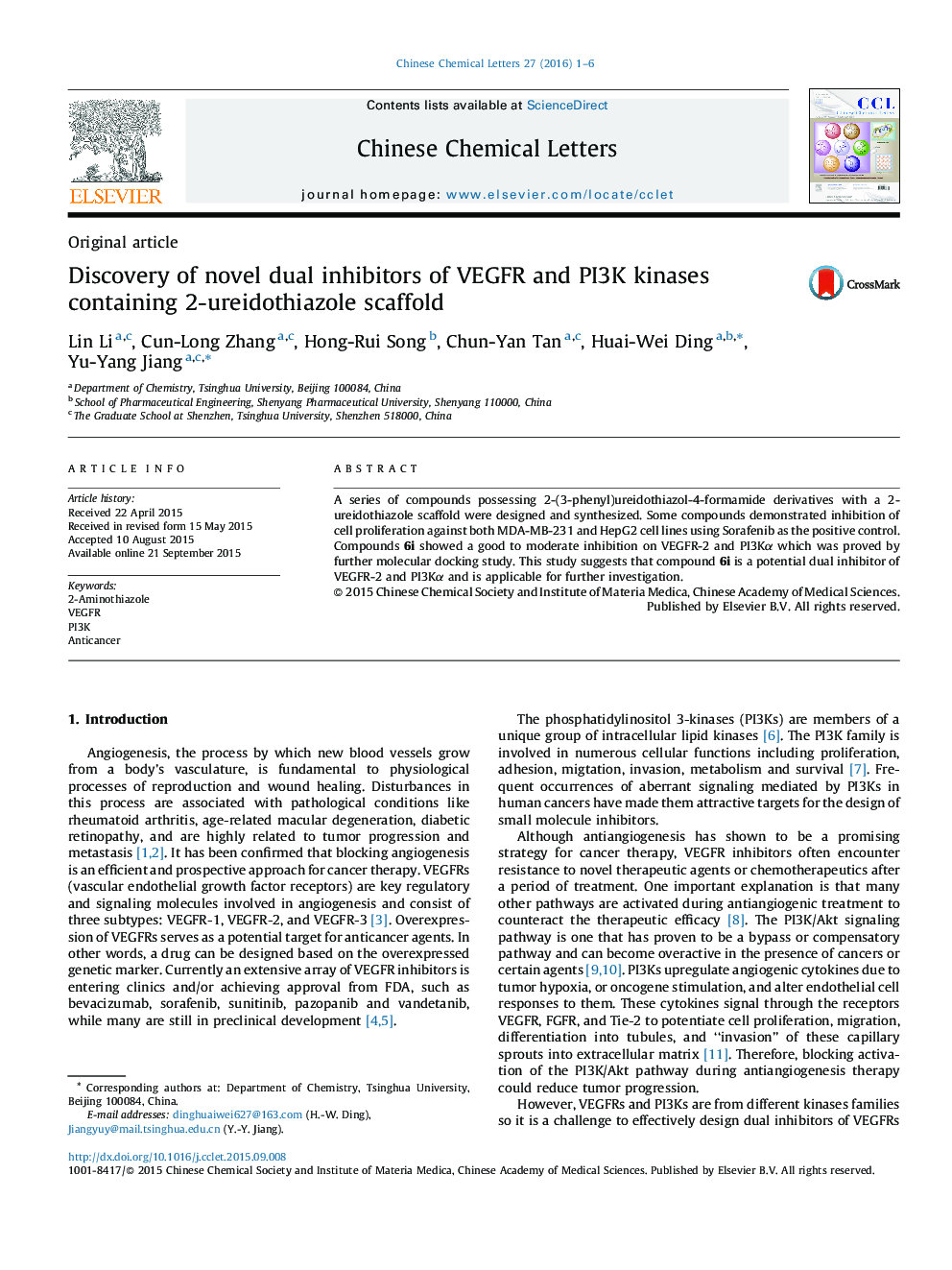 Discovery of novel dual inhibitors of VEGFR and PI3K kinases containing 2-ureidothiazole scaffold