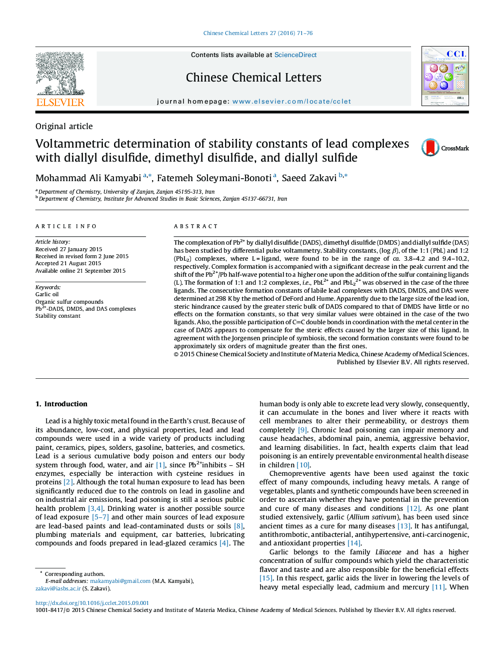 Voltammetric determination of stability constants of lead complexes with diallyl disulfide, dimethyl disulfide, and diallyl sulfide