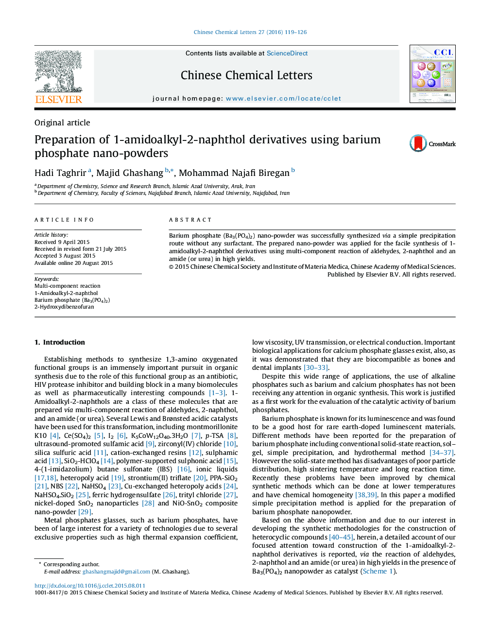 Preparation of 1-amidoalkyl-2-naphthol derivatives using barium phosphate nano-powders