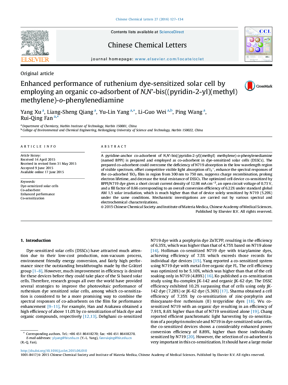 Enhanced performance of ruthenium dye-sensitized solar cell by employing an organic co-adsorbent of N,N’-bis((pyridin-2-yl)(methyl) methylene)-o-phenylenediamine