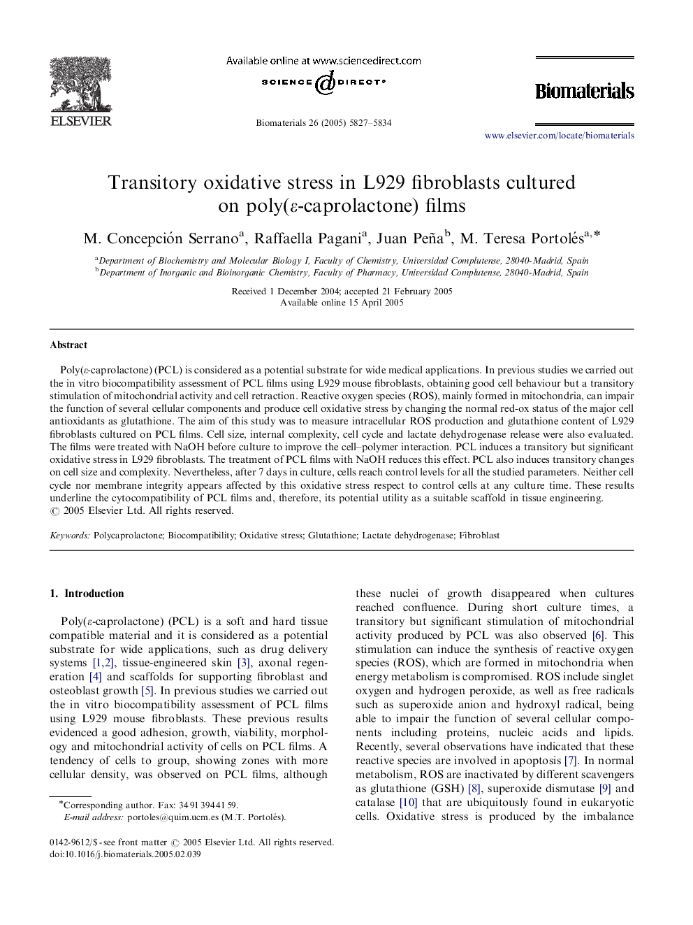 Transitory oxidative stress in L929 fibroblasts cultured on poly(εε-caprolactone) films