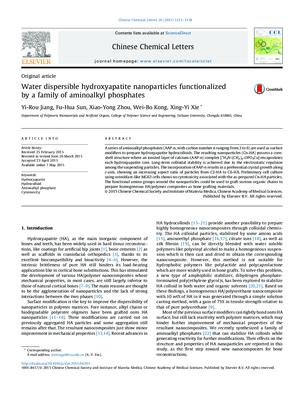 Water dispersible hydroxyapatite nanoparticles functionalized by a family of aminoalkyl phosphates