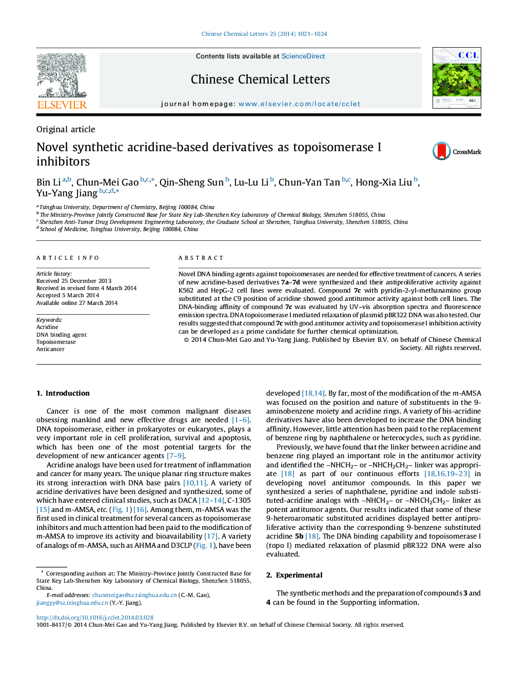 Novel synthetic acridine-based derivatives as topoisomerase I inhibitors