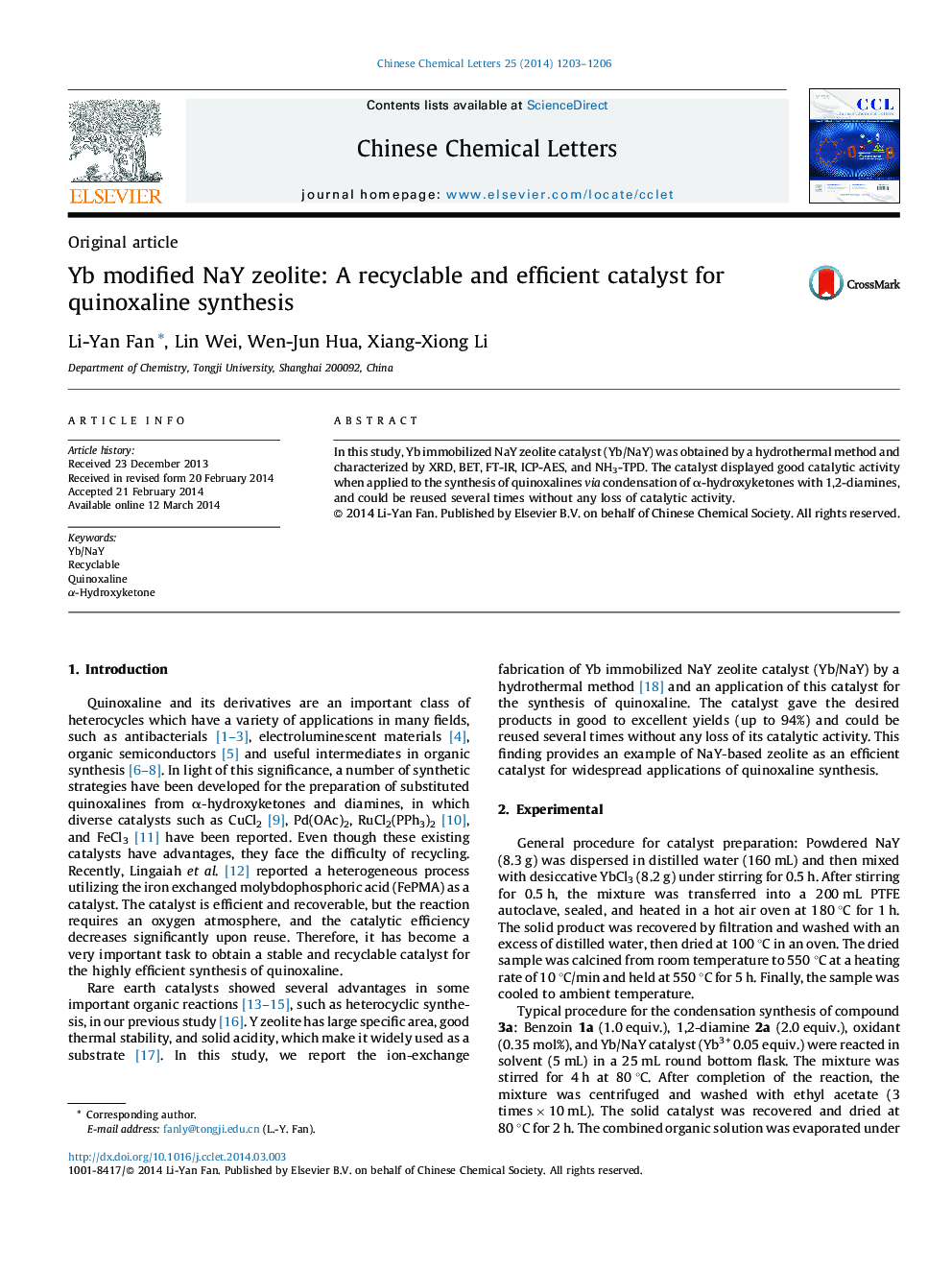 Yb modified NaY zeolite: A recyclable and efficient catalyst for quinoxaline synthesis