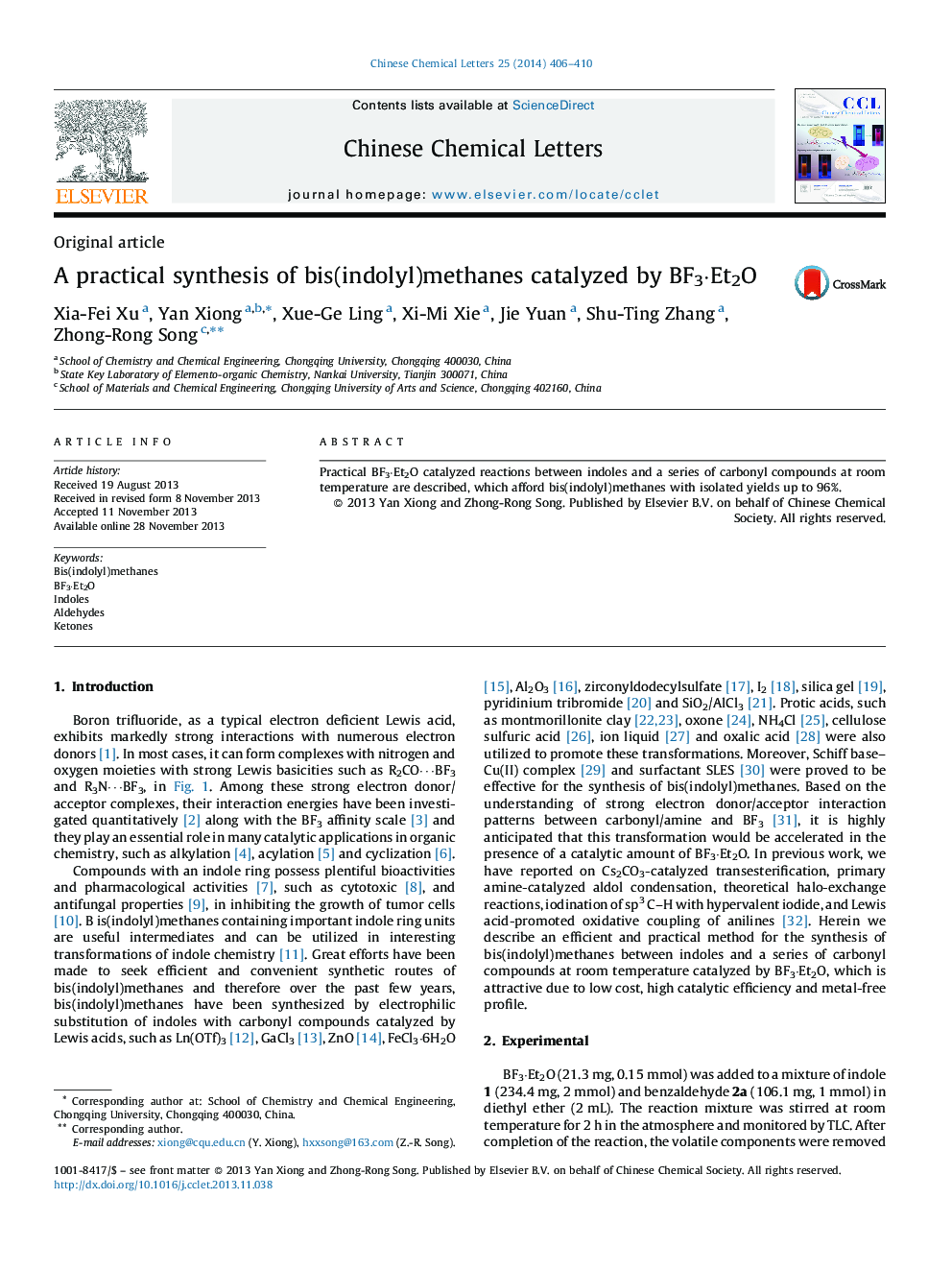 A practical synthesis of bis(indolyl)methanes catalyzed by BF3·Et2O