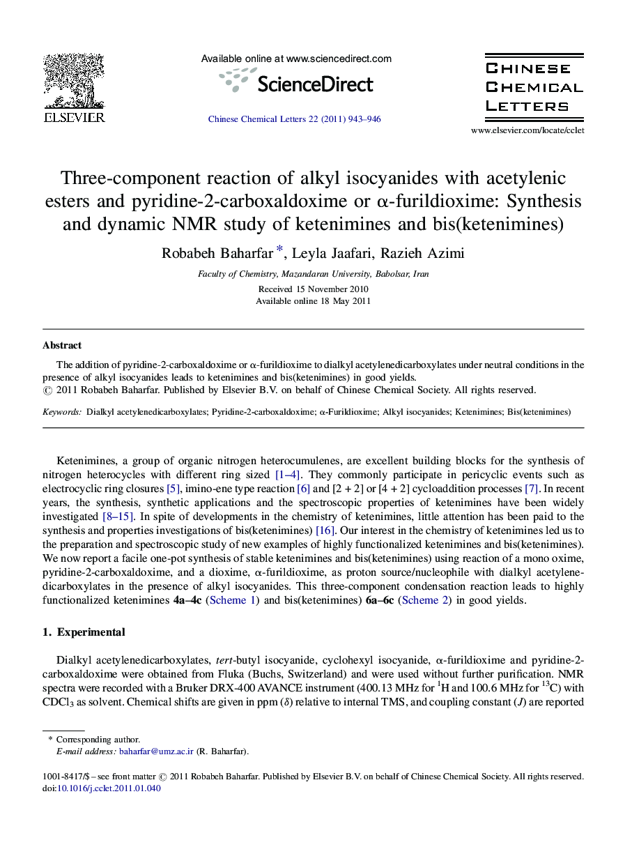 Three-component reaction of alkyl isocyanides with acetylenic esters and pyridine-2-carboxaldoxime or α-furildioxime: Synthesis and dynamic NMR study of ketenimines and bis(ketenimines)