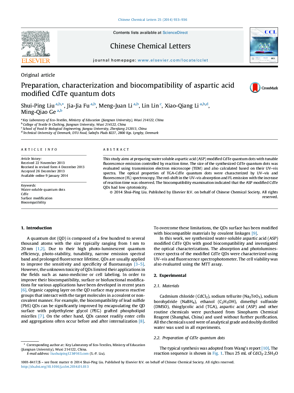 Preparation, characterization and biocompatibility of aspartic acid modified CdTe quantum dots