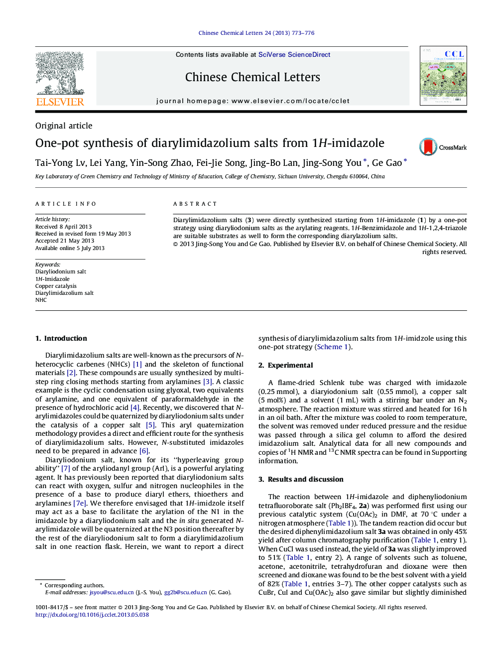 One-pot synthesis of diarylimidazolium salts from 1H-imidazole