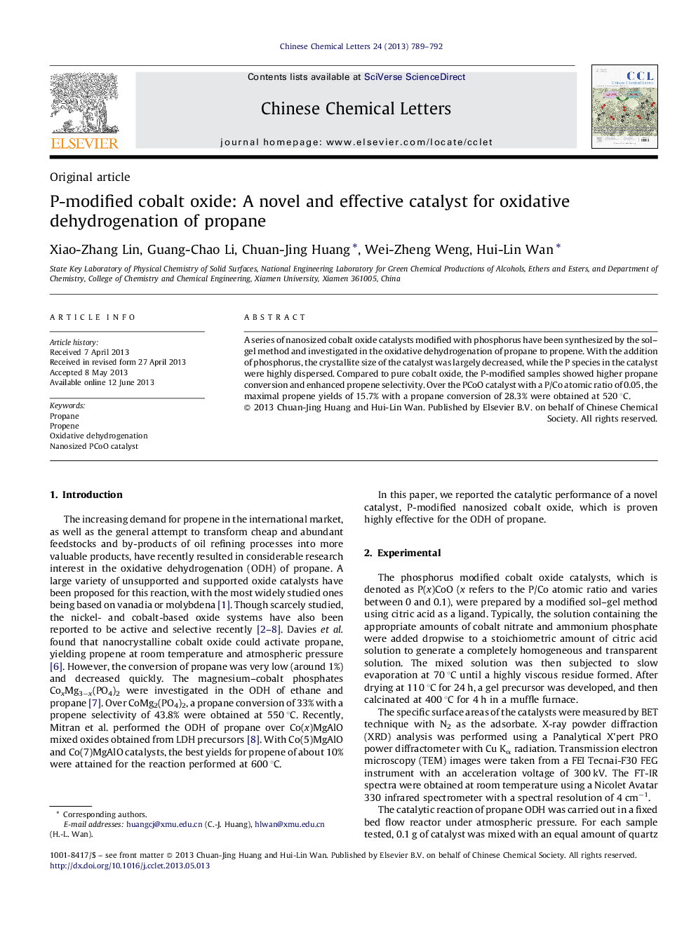 P-modified cobalt oxide: A novel and effective catalyst for oxidative dehydrogenation of propane