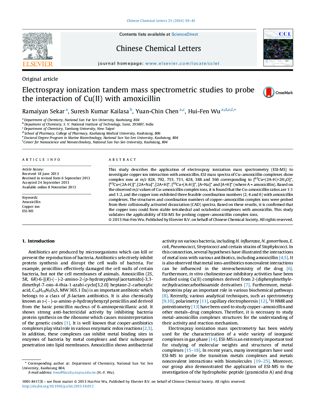 Electrospray ionization tandem mass spectrometric studies to probe the interaction of Cu(II) with amoxicillin