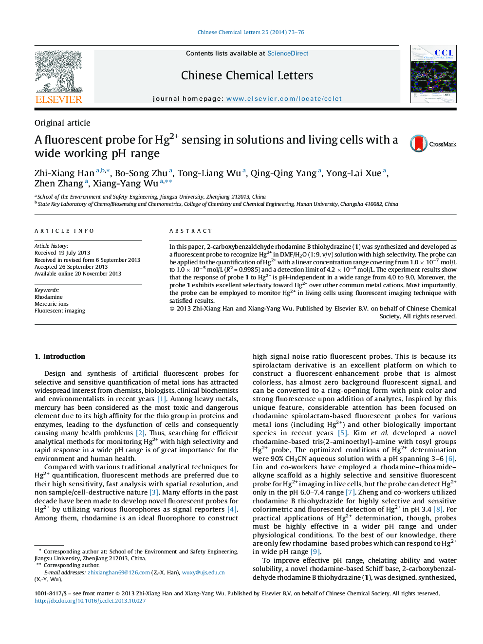 A fluorescent probe for Hg2+ sensing in solutions and living cells with a wide working pH range