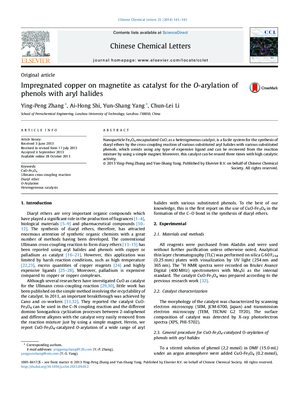 Impregnated copper on magnetite as catalyst for the O-arylation of phenols with aryl halides