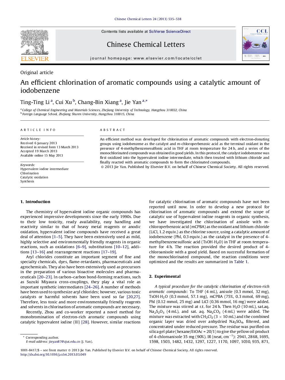 An efficient chlorination of aromatic compounds using a catalytic amount of iodobenzene