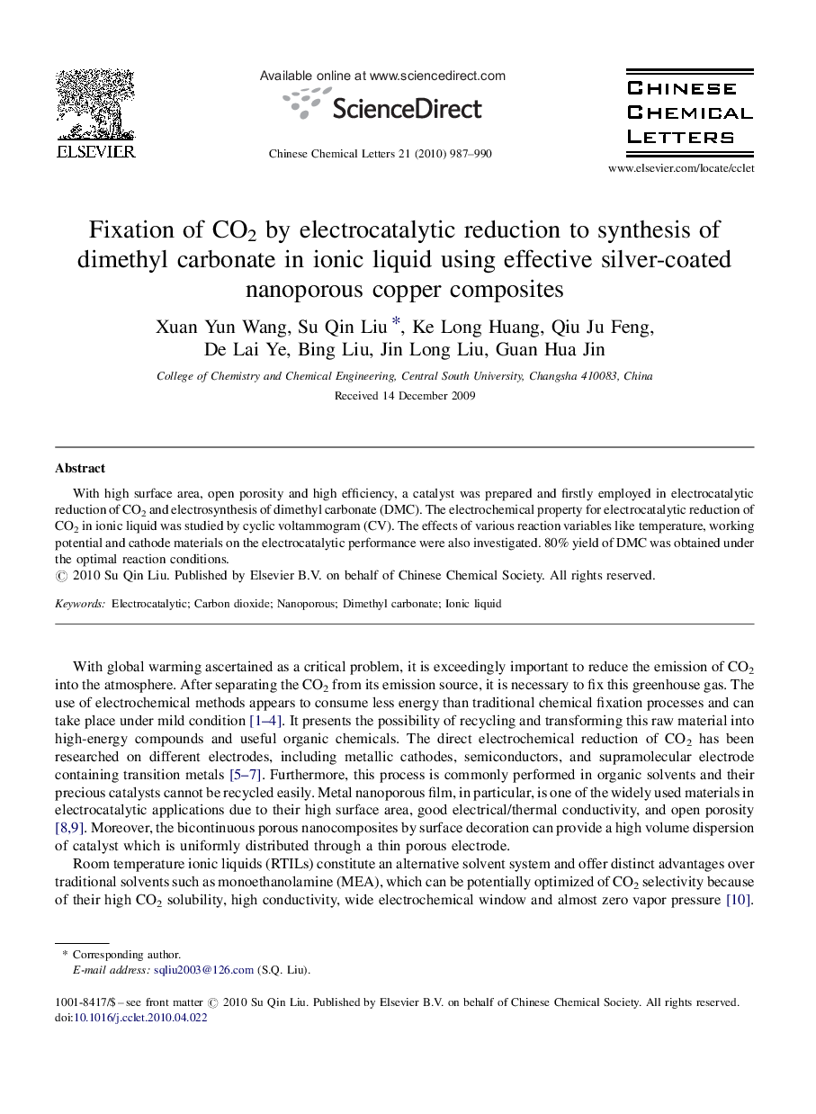 Fixation of CO2 by electrocatalytic reduction to synthesis of dimethyl carbonate in ionic liquid using effective silver-coated nanoporous copper composites