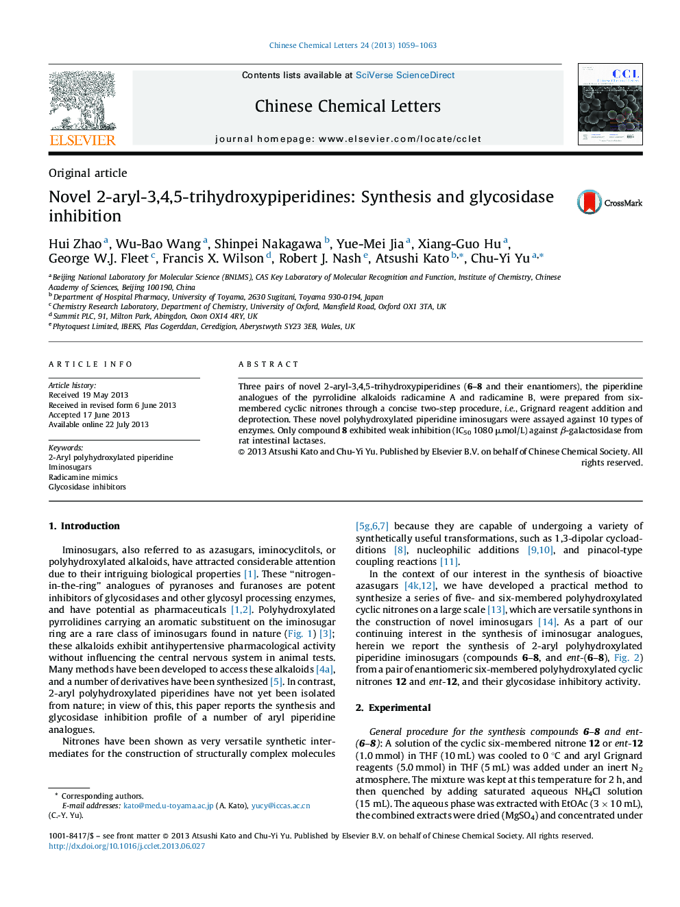 Novel 2-aryl-3,4,5-trihydroxypiperidines: Synthesis and glycosidase inhibition