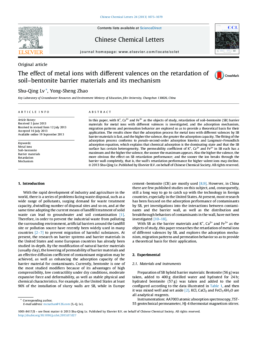 The effect of metal ions with different valences on the retardation of soil–bentonite barrier materials and its mechanism