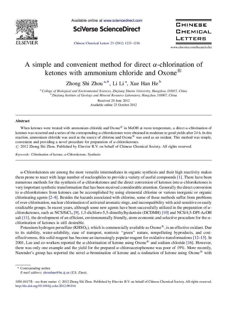 A simple and convenient method for direct α-chlorination of ketones with ammonium chloride and Oxone®