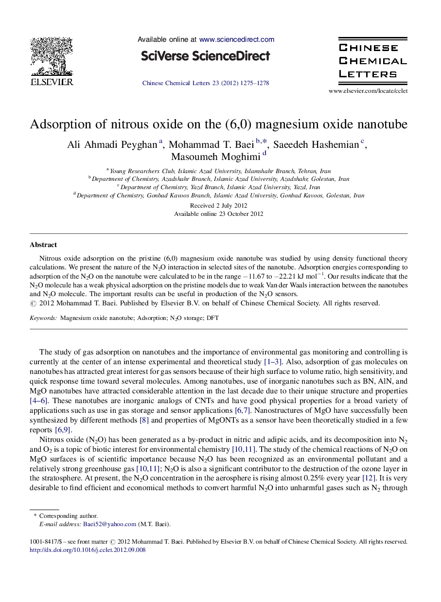 Adsorption of nitrous oxide on the (6,0) magnesium oxide nanotube