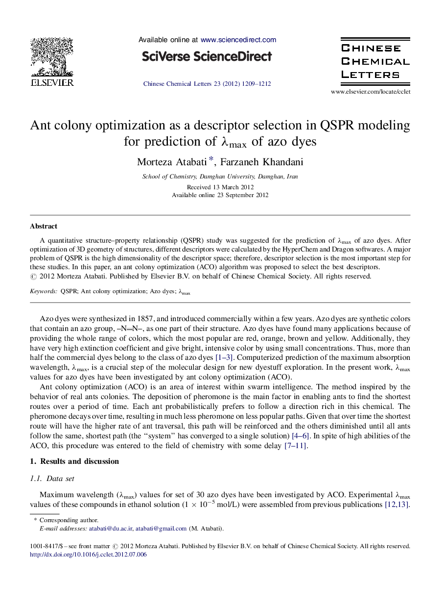 Ant colony optimization as a descriptor selection in QSPR modeling for prediction of λmax of azo dyes