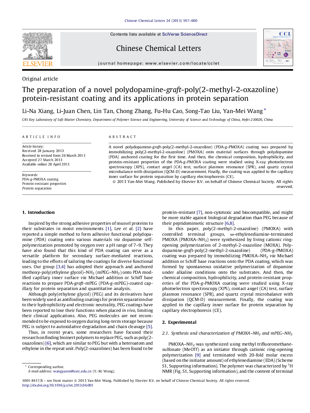 The preparation of a novel polydopamine-graft-poly(2-methyl-2-oxazoline) protein-resistant coating and its applications in protein separation
