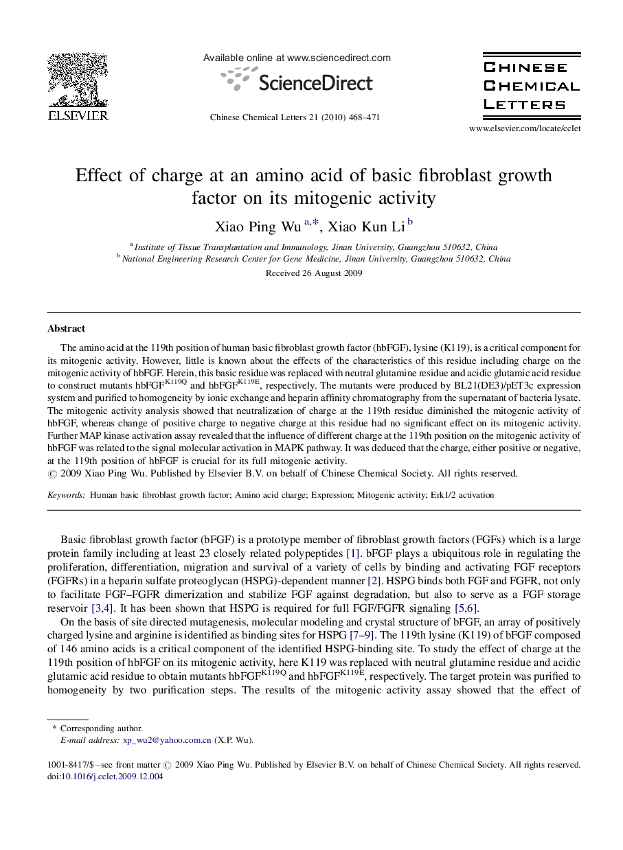 Effect of charge at an amino acid of basic fibroblast growth factor on its mitogenic activity