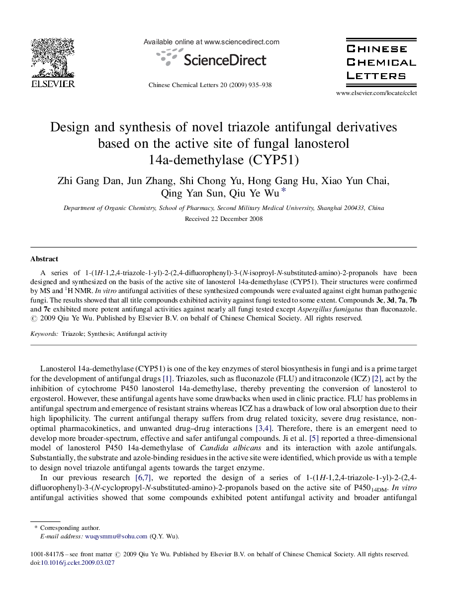 Design and synthesis of novel triazole antifungal derivatives based on the active site of fungal lanosterol 14a-demethylase (CYP51)