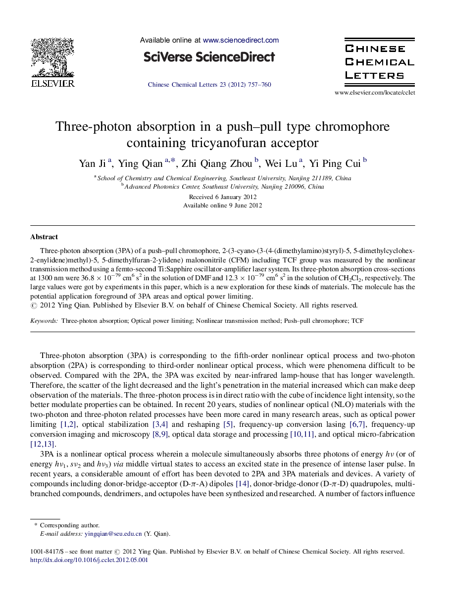 Three-photon absorption in a push–pull type chromophore containing tricyanofuran acceptor