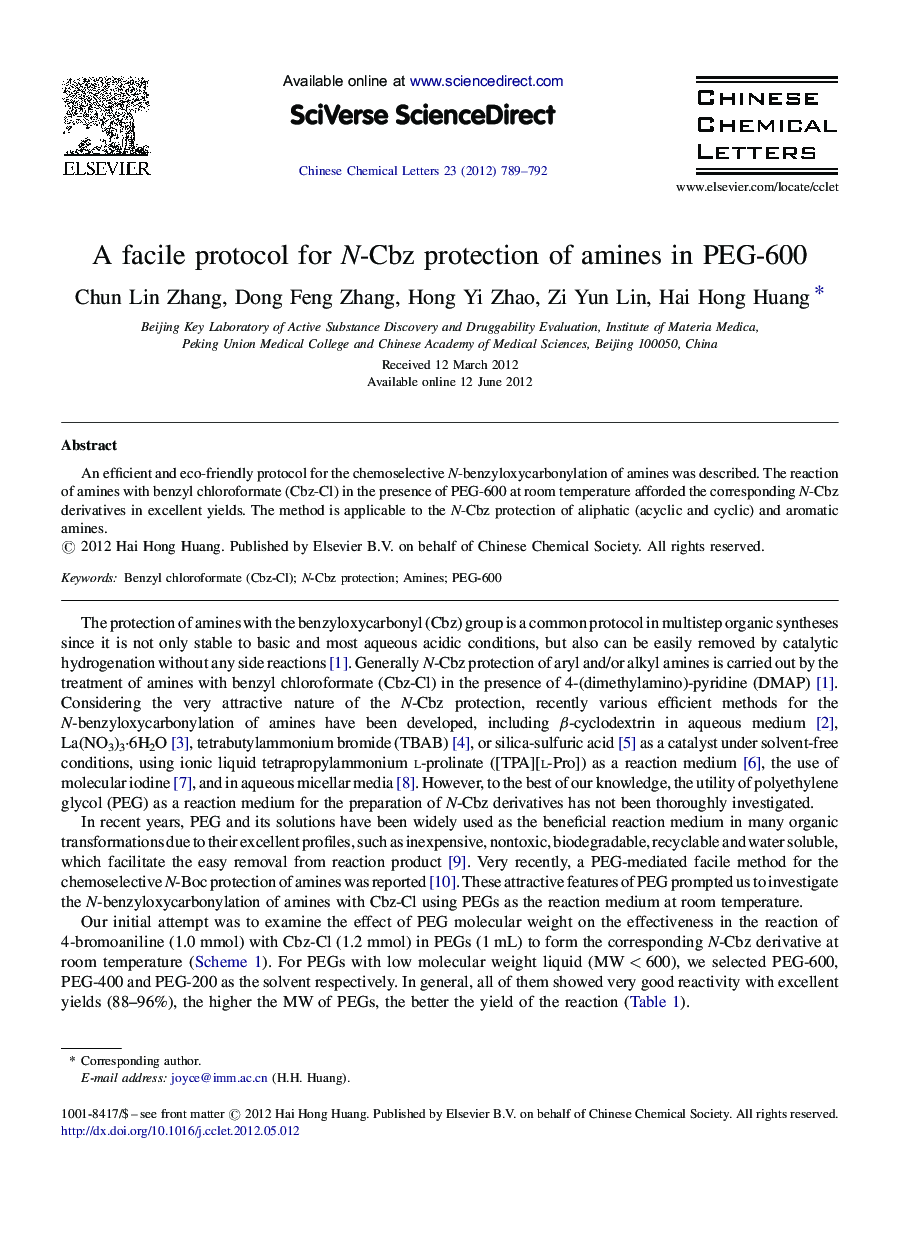 A facile protocol for N-Cbz protection of amines in PEG-600