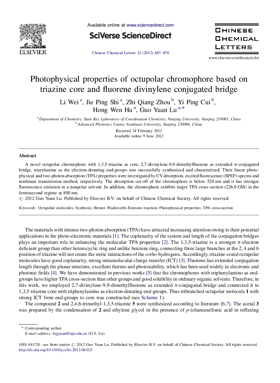 Photophysical properties of octupolar chromophore based on triazine core and fluorene divinylene conjugated bridge