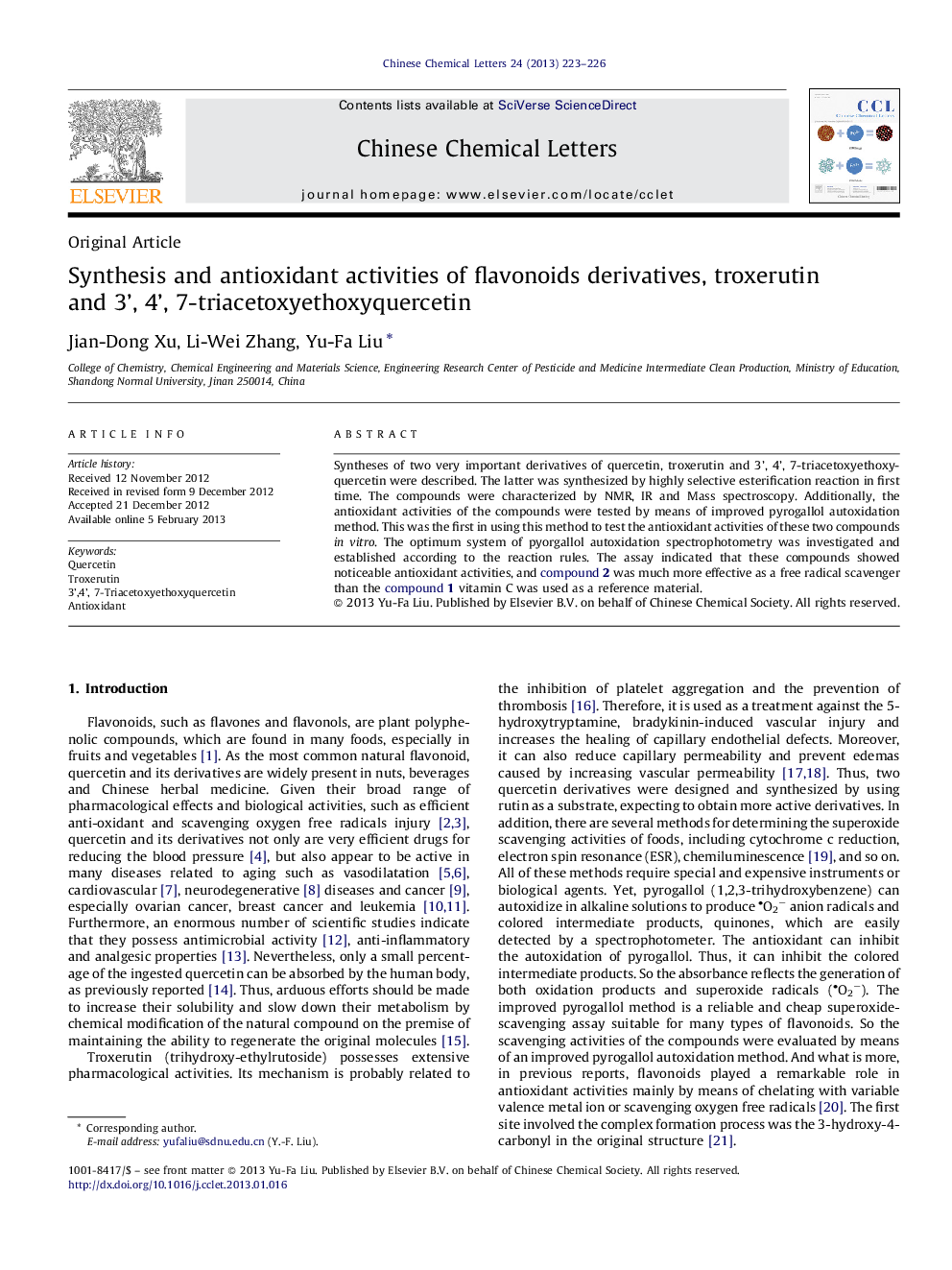 Synthesis and antioxidant activities of flavonoids derivatives, troxerutin and 3’, 4’, 7-triacetoxyethoxyquercetin