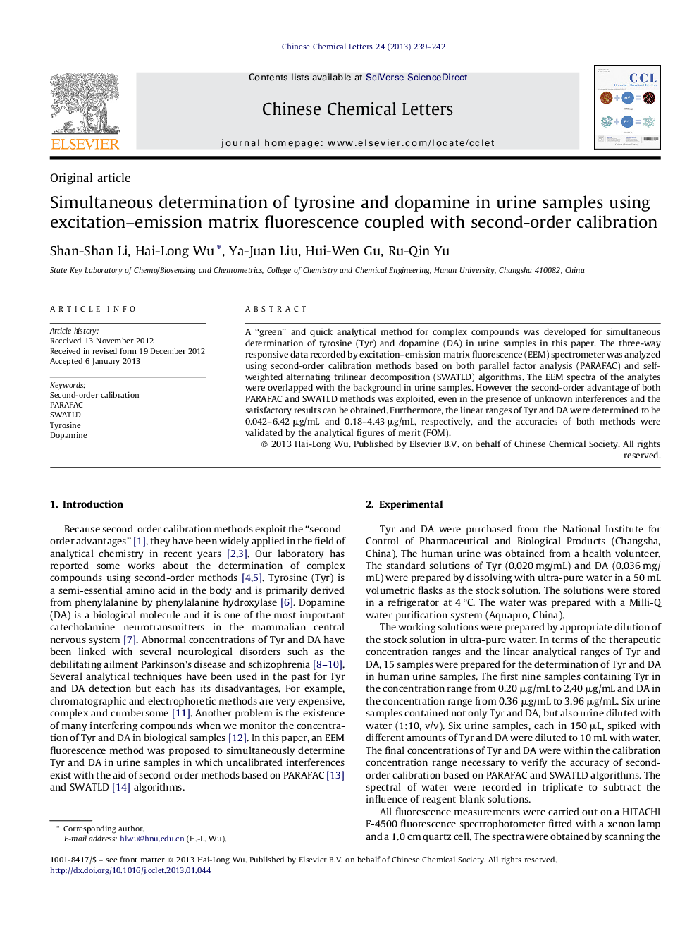 Simultaneous determination of tyrosine and dopamine in urine samples using excitation–emission matrix fluorescence coupled with second-order calibration