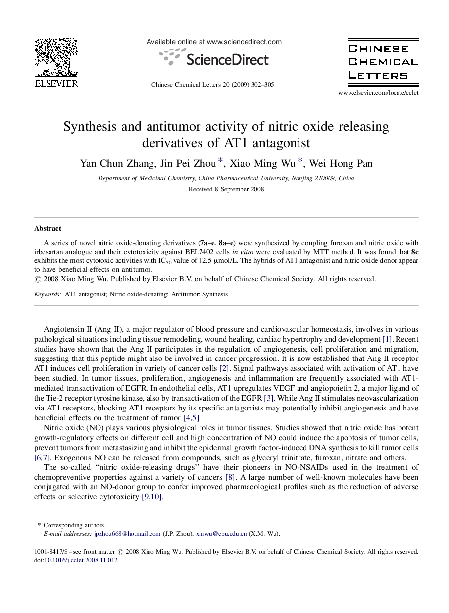 Synthesis and antitumor activity of nitric oxide releasing derivatives of AT1 antagonist