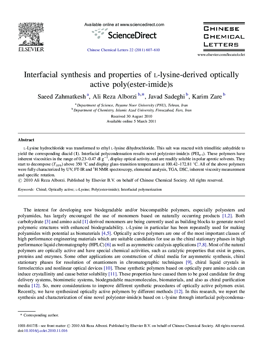 Interfacial synthesis and properties of l-lysine-derived optically active poly(ester-imide)s